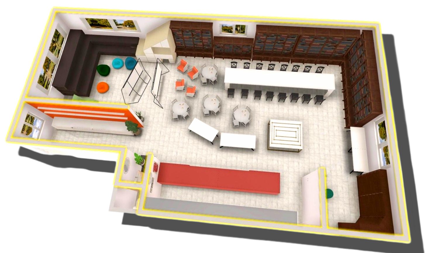 대관한 북카페 한 층의 조감도. 왼쪽에 소파와 빈백, 가운데에 긴 테이블과 원형 테이블, 오른쪽에 서가, 아래쪽에 빨간 카운터가 있다.